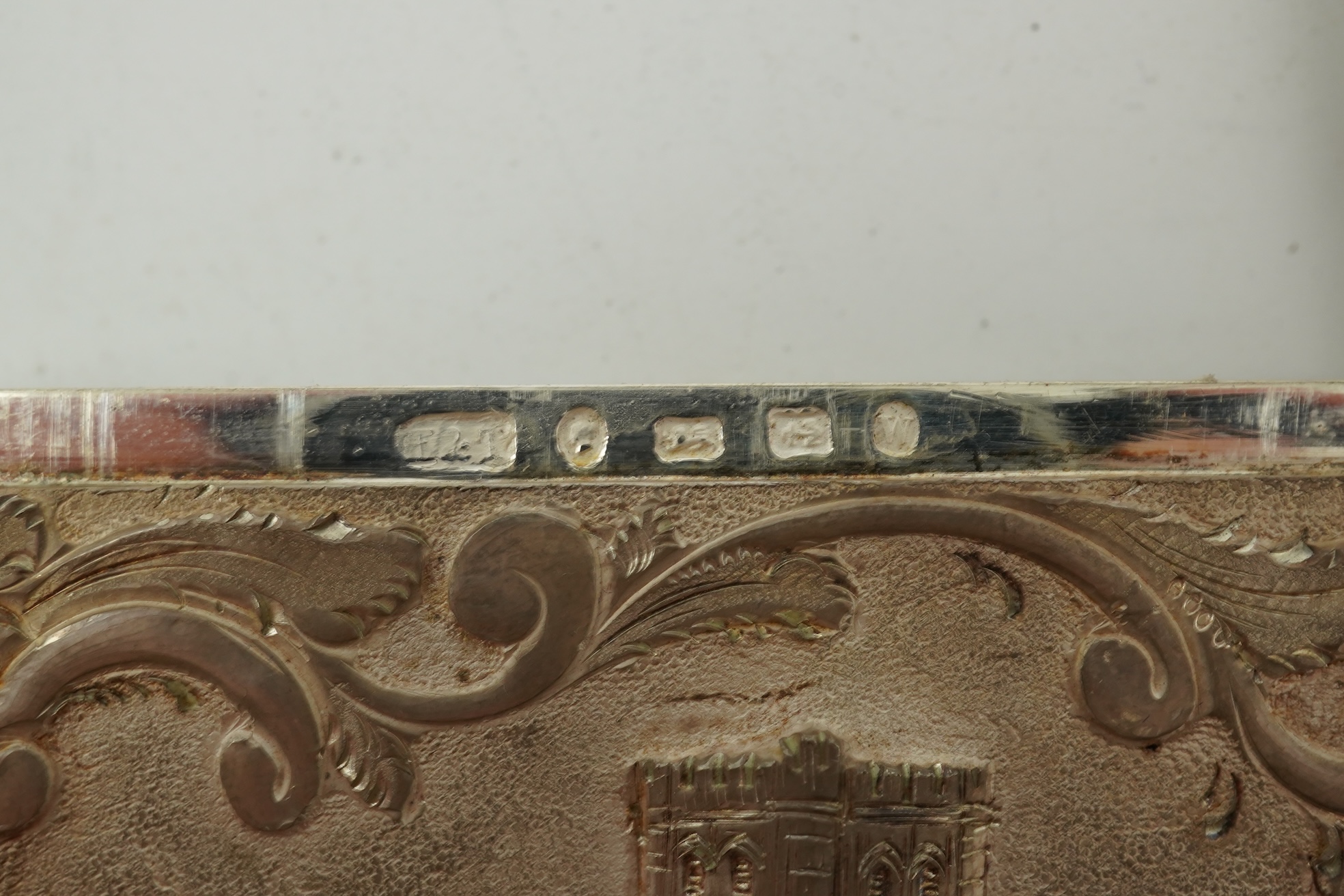 A Victorian silver 'castle top' card case by Hilliard & Thomason?